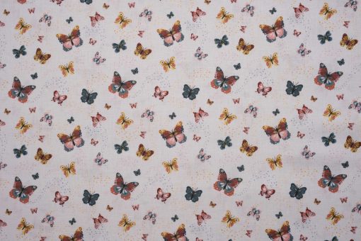 Tecido com padrão de borboletas tons pastel em tecido branco 100% algodão artesanato tecidos para costura criativa DIY e faça você mesmo